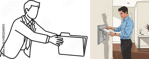 Two Vector Illustrations: Professional Passing Folder and Man Getting Mail