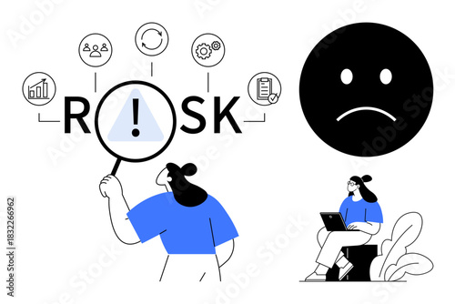 Risk management concept. Risk processes highlighted with focus on warning, business icons, and individual analysis. Risk evaluation for business, decision-making, planning, startups, analysis