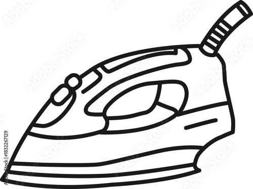 黒色の線画で描かれた蒸気穴が付いたモダンなデザインの家庭用アイロンアイコン