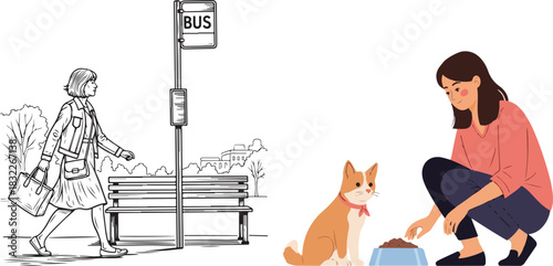 Dual Style Illustration with Monochrome Line Art and Colorful Flat Design