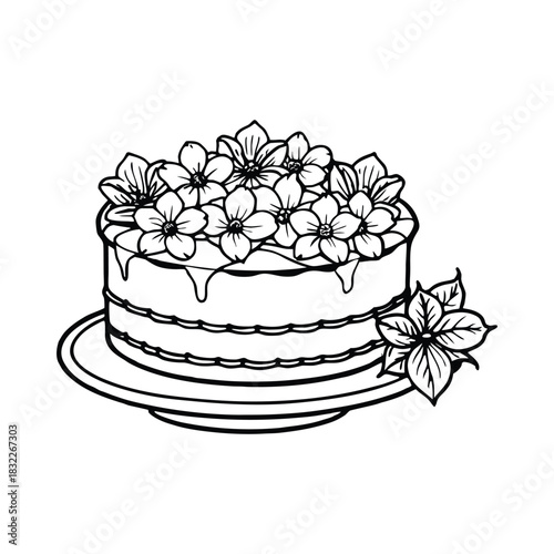 Silhouette of beautiful cake topped with blossoms isolated on a white background