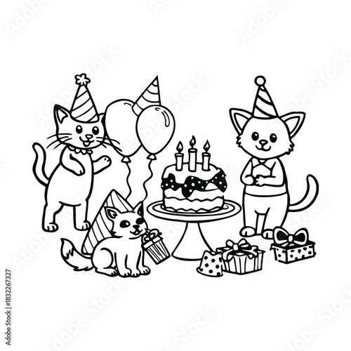 Silhouette of birthday joy with cute pets isolated on a white background