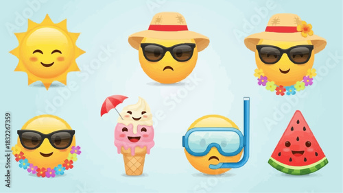 Illustration of summer themed emojis including sun, ice cream, watermelon and snorkeling gear