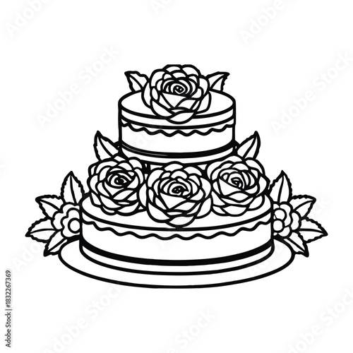 Silhouette of buttercream roses crowning tiered cake isolated on a white background