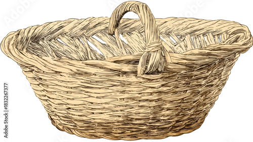 Detailed Drawing of Wicker Basket with Handle - Vector Outline
