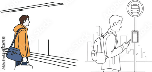 Minimalist Line Art Illustration of Men Commuting in Urban Environment
