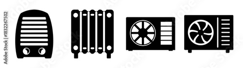 Explore heating and cooling solutions radiator air conditioner fan vector illustration design icon set