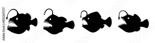Anglerfish vector illustration set, deep sea fish with light lure, predatory fish silhouette art