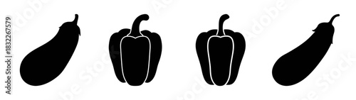 Black silhouette vegetables eggplant and bell pepper vector illustration healthy food cooking design element