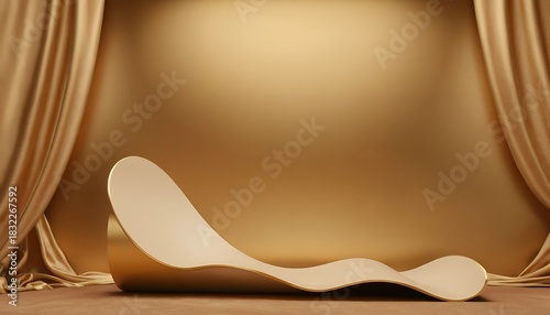 Fototapeta Naklejka Na Ścianę i Meble -  Luxury background for branding and product presentation. Beige color podium on gold fabric flying wave. 3d rendering illustration.