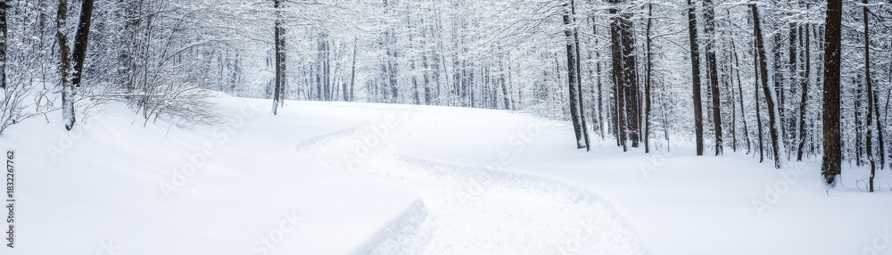 Obraz premium Snowy Path Through Winter Forest, Trunks, Nature ,Trail