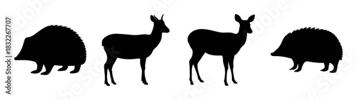 Black silhouette drawing of african wildlife animals including antelopes and porcupines vector art