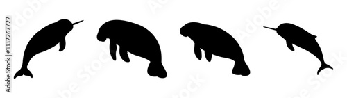 Silhouette of manatees swimming underwater, marine mammal art, sea cow illustration vector design