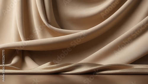 Fototapeta Naklejka Na Ścianę i Meble -  Luxury background for branding and product presentation. Beige color podium on gold fabric flying wave. 3d rendering illustration.