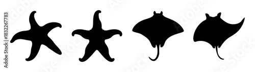 Abstract silhouettes of figures and manta rays vector art illustration graphic design element