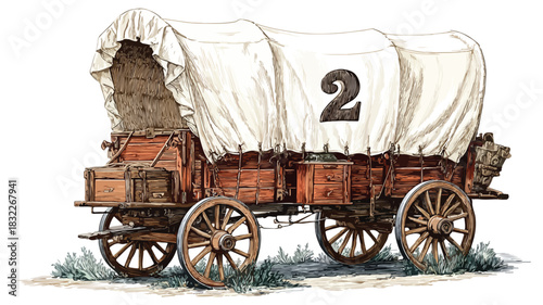 Vintage Wooden Wagon with White Cover Drawing for Design Projects