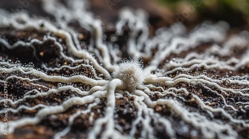 Detailed macro sequence captures network of pale mycelial threads slowly creeping in star like pattern through moist forest substrate, illustrating hidden underground growth phase of fungi or slime