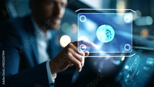 Wallpaper Mural Faceless businessman using modern smart car interface with futuristic digital display 3D rendering visualization automotive technology connected vehicle intelligent Torontodigital.ca