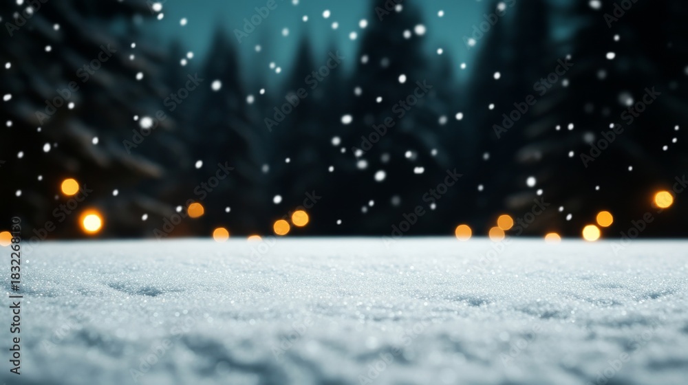 Fototapeta premium Snowy Winter Night Bokeh Lights Over Snow-Covered Ground, Holiday, Scenery