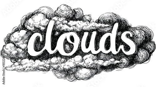 Artistic Drawing of Clouds with a Cloud Containing the Words 'Clouds'