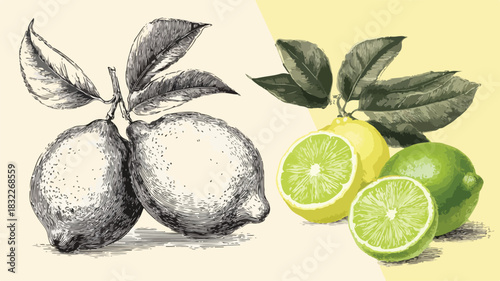Vibrant Drawing of Lemons and Limes with Lemon Vector Illustration