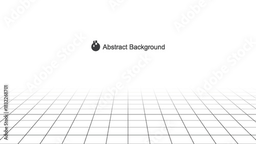 Minimal vector art perspective grid plane with abstract background text and round lab flask icon on white futuristic technical layout