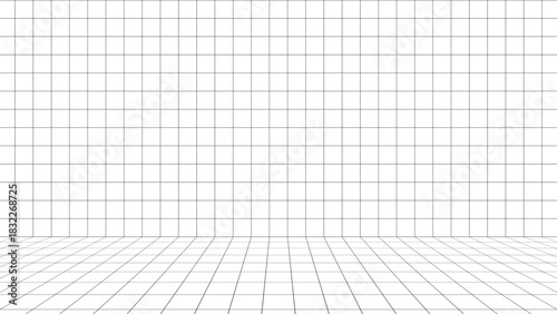 Minimalist vector art perspective grid room with white walls and floor, simple black lines, empty virtual studio interior, geometric background for 3d design preview mockup