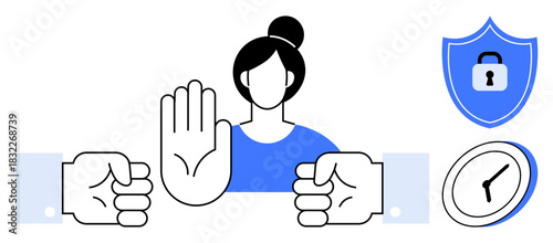 Woman signaling stop with raised hand, accompanied by shield symbolizing security, clock denoting time, and fists expressing conflict. Ideal for privacy policy, security, time management, conflict