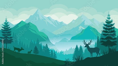 Vector illustration of a deer standing majestically in a mountainous landscape, showcasing nature's beauty..eps