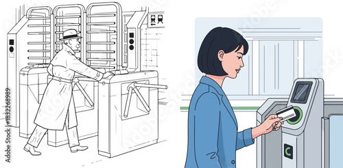 Vector Illustrations Contrasting Classic and Modern Public Transport Turnstiles