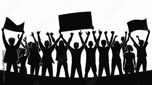 Dark silhouettes of protesters raising signs, capturing a moment of collective action during a demonstration..eps