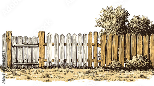 Modern White Fence with Wooden Fence, Vector Illustration for Design Projects