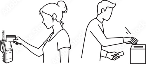 Outline Art of Individuals Making Digital and Contactless Payments