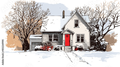 Snow-Covered Roof House with Red Door Vector Illustration