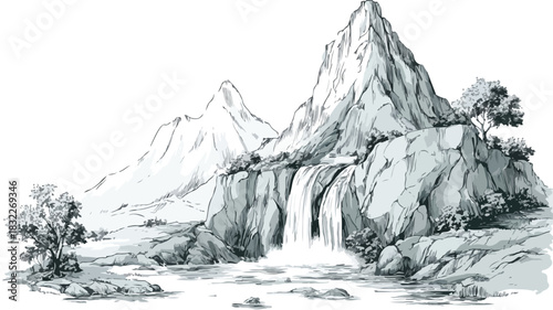 Majestic Mountain with Waterfall and Scenic Background