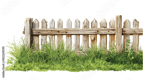 Scenic Painting of Wooden Fence with Grass Lawn - Landscape Artwork
