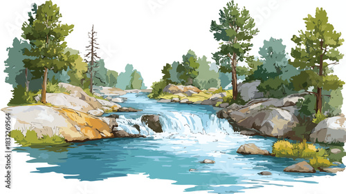 Serene River Waterfall Landscape with Lush Trees in Background