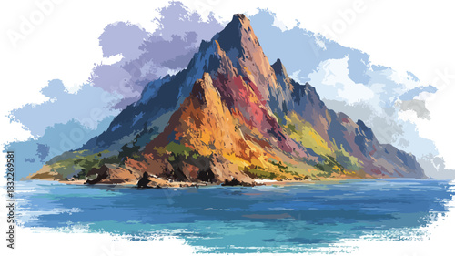 Majestic Mountain and Ocean Painting for Creative Projects