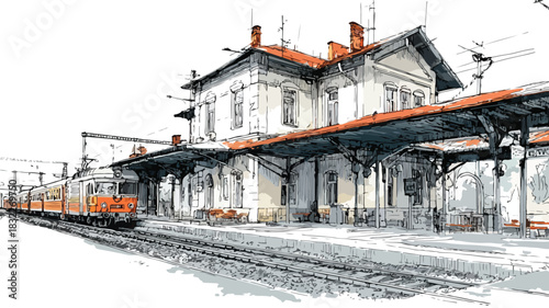 Train Station Painting with Train on Top Vector Art