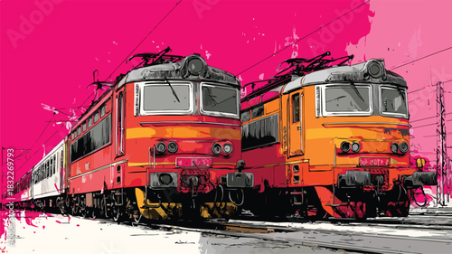 Vibrant Painting of Train on Pink Background - Creative Transportation Art
