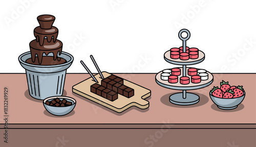 Delightful chocolate fountain with assorted sweet treats and fresh strawberries for a party