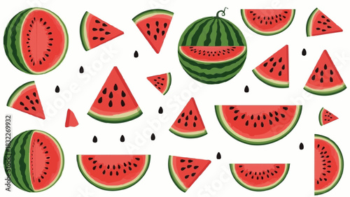 Illustration showing several watermelon slices and whole watermelons with seeds scattered around them