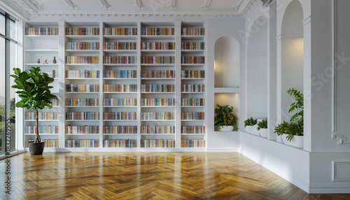 Serene Library Interior: An elegant library interior features a vast array of books within classic white built-in shelves. This setting evokes a sense of tranquility.