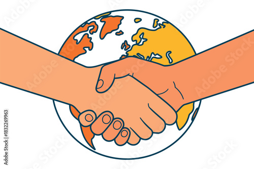 Global partnership symbolized by hands shaking in front of a stylized planet Earth.
