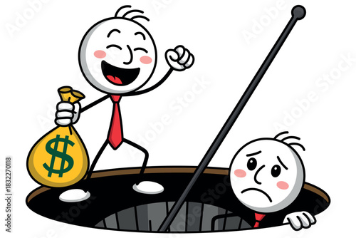 Joyful stick figure celebrates wealth while another struggles in a hole, reaching for help.