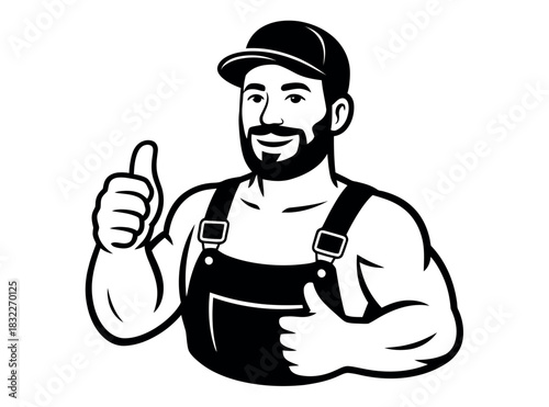 Muscular handyman giving a confident thumbs up and approval gesture