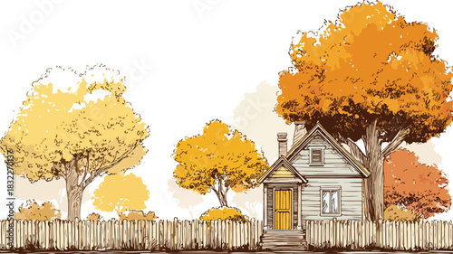 Serene Home with White Fence Surrounded by Lush Trees and Leaves