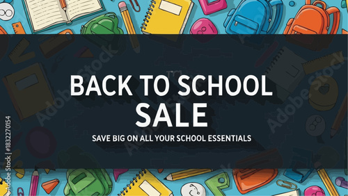 Back to school sale advertisement featuring school supplies and promotional text on a dark background