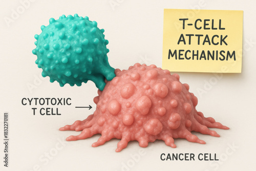 Medical illustration of cytotoxic T cell attack mechanism. This educational model shows lymphocyte destroying cancer cell, key concept in immunotherapy research and oncology