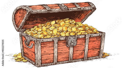 Treasure Chest Trunk Full Gold Coins Vector Illustration